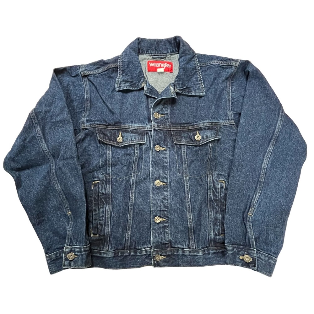 Wrangler Mens Jacket Blue Large Dark Wash Denim Button Up Western Cowboy Retro